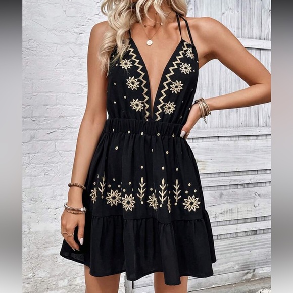 Black Embroidered Halter Summer Dress - Picture 3 of 5